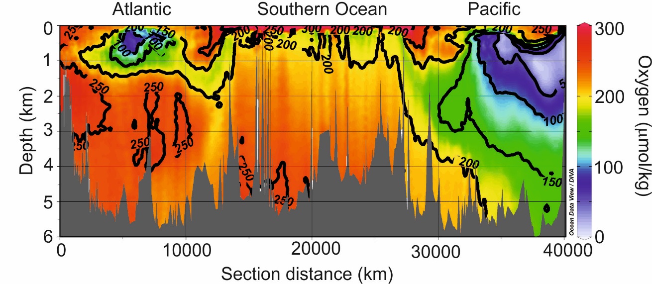 Figure 1: Vertical distribution of modern dissolved oxygen (μmol/kg) along an ocean cross-section connecting the Atlantic, Southern, and Pacific Oceans.
