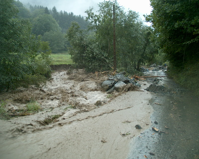 Example of a destructive flood triggered by heavy precipitation, August 22-23, 2005, Sainte-Agnès, France. (Credit: D. Thillet)