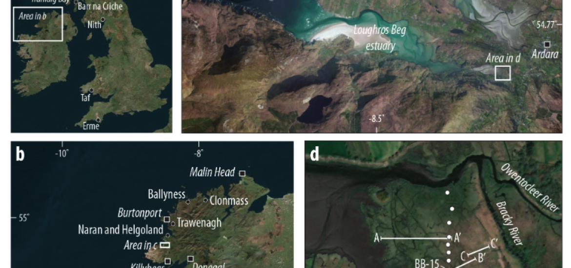 Figure 1. Location of Bracky Bridge, County Donegal, northwest Ireland. (a) Locations of published modern diatom samples used to develop a regional training set; (b) Location of Donegal town, tide gauges (squares, italics), and sites with published sea-level data (dots); (c) Loughros Beg estuary; (d) the salt marsh at Bracky Bridge with surface sample transects A-A’, B-B’ and C-C’ and the coring transect (white dots) marked.