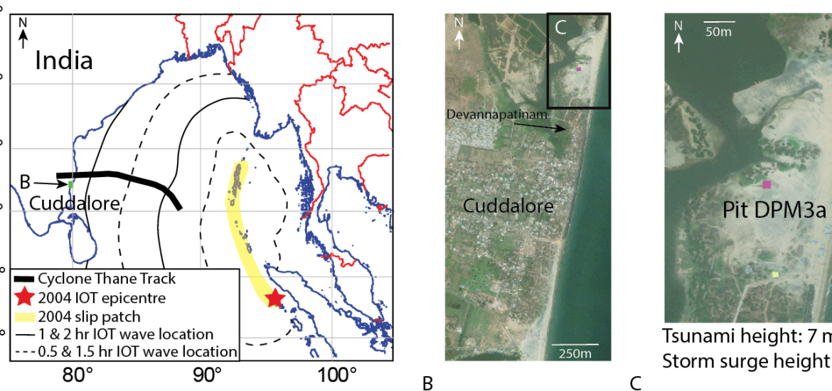 Figure 1: (A) Map of the Bay of Bengal showing the location and travel times of the 2004 IOT and Cyclone Thane storm track. (B) Satellite image of the Cuddalore coast showing the location of Devannampatinam and the pit site. (C) Satellite image of the beach near Devanampattinam where pit DPM3a was excavated.