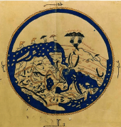 World map by Al-Idrissi (d. 1165) from Nuzhat al-mushtāq (1154). The map is oriented in the original book with the south towards the top.
